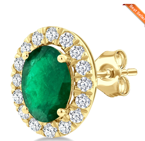 Oval Emerald Earrings in 14kt yellow gold with diamond halo