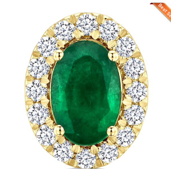 Oval Emerald Earrings in 14kt yellow gold with diamond halo