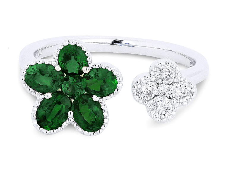 18KT WHITE GOLD NEAR FLAWLESS EMERALDS AND DIAMONDS IN A FLORAL RING | R1819EMW - Brownee Jewelers