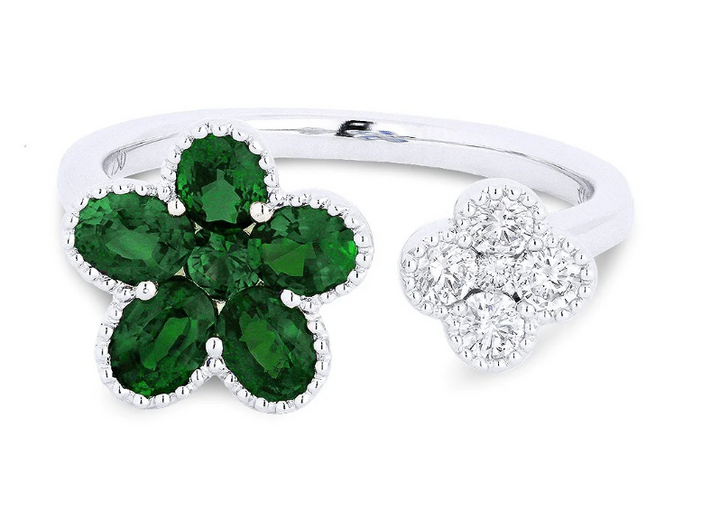 18KT WHITE GOLD NEAR FLAWLESS EMERALDS AND DIAMONDS IN A FLORAL RING | R1819EMW - Brownee Jewelers