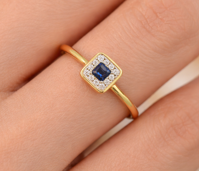 14 KARAT YELLOW GOLD SQUARE SAPPHIRE WITH A DIAMOND HALO - Brownee Jewelers