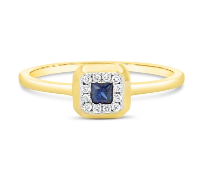 14 KARAT YELLOW GOLD SQUARE SAPPHIRE WITH A DIAMOND HALO - Brownee Jewelers