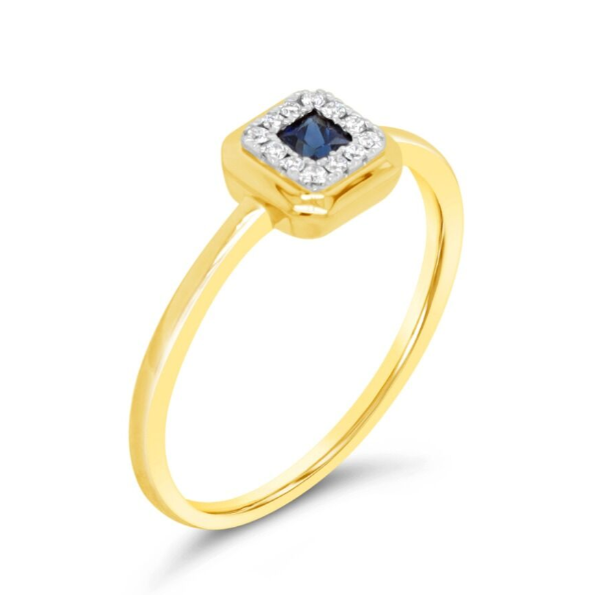14 KARAT YELLOW GOLD SQUARE SAPPHIRE WITH A DIAMOND HALO - Brownee Jewelers