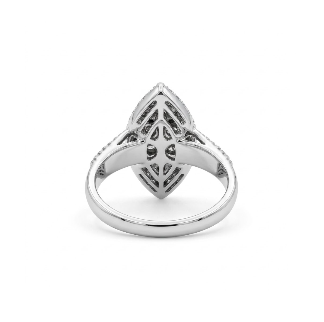 14kt White Gold Engagement Ring with Round Diamonds in the Shape of a Marquise