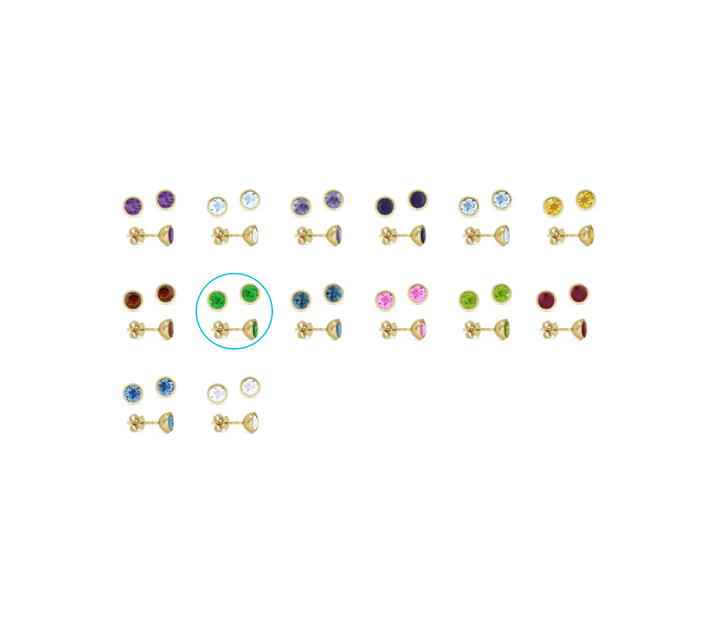 ROUND CREATED EMERALD STUD EARRINGS | 14K YELLOW GOLD | BEZEL-SET | E1741GCY - Brownee Jewelers