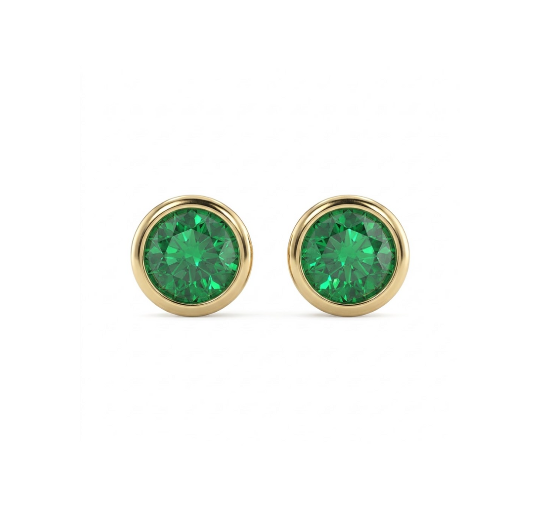 ROUND CREATED EMERALD STUD EARRINGS | 14K YELLOW GOLD | BEZEL-SET | E1741GCY - Brownee Jewelers