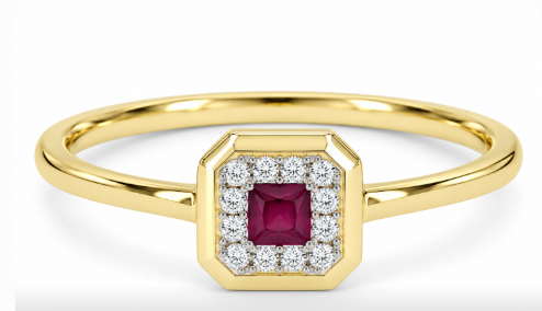 14 KARAT YELLOW GOLD SQUARE RUBY AND DIAMOND HALO RING 