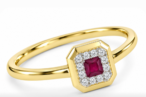 14 KARAT YELLOW GOLD SQUARE RUBY AND DIAMOND HALO RING 