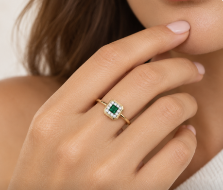 14KT YELLOW GOLD SQUARE EMERLAD WITH A DIAMOND HALO | R1802EMY - Brownee Jewelers