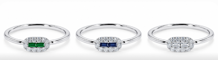 14KT WHITE GOLD DOUBLE BAUGETTE SAPPHIRE WITH DIAMOND HALO RING | R1657SAW - Brownee Jewelers