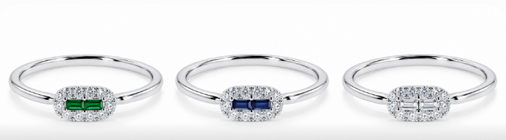 14KT WHITE GOLD DOUBLE BAGUETTE SAPPHIRE WITH DIAMOND HALO RING | R1657SAW - Brownee Jewelers