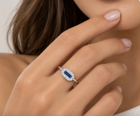 14KT WHITE GOLD DOUBLE BAUGETTE SAPPHIRE WITH DIAMOND HALO RING | R1657SAW - Brownee Jewelers