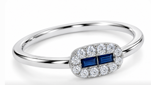 14KT WHITE GOLD DOUBLE BAUGETTE SAPPHIRE WITH DIAMOND HALO RING | R1657SAW - Brownee Jewelers