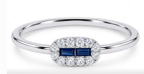14KT WHITE GOLD DOUBLE BAUGETTE SAPPHIRE WITH DIAMOND HALO RING | R1657SAW - Brownee Jewelers