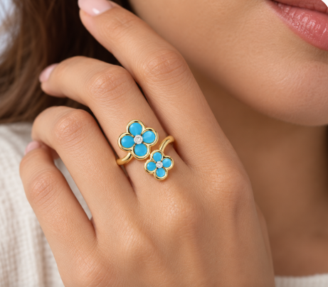 14KT YELLOW GOLD DOUBLE FLOWER RING IN TURQUOISE AND DIAMONDS
