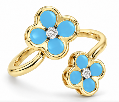 14KT YELLOW GOLD DOUBLE FLOWER RING IN TURQUOISE AND DIAMONDS