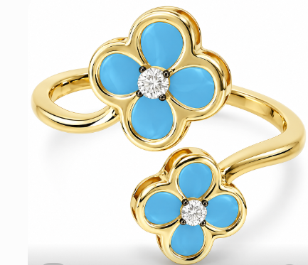 14KT YELLOW GOLD DOUBLE FLOWER RING IN TURQUOISE AND DIAMONDS