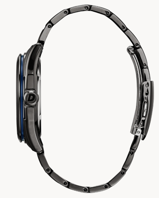 An edgy structure in a classic setting, this Drive from Citizen WDR watch features a deep gray ion-plated stainless steel case and bracelet with a denim blue dial and date