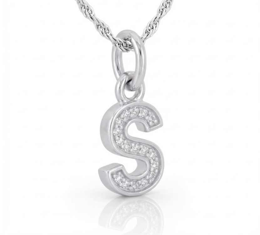 Silver Block “S” Diamond Initial Pendant