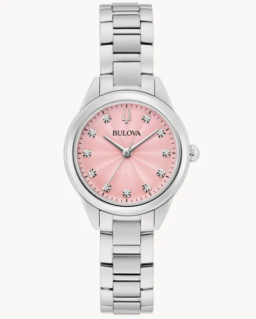 Bulova Pink | Ladies Watch | Silver-Tone Stainless Steel | Pink Sunray Dial | Stainless Steel Bracelet | 96P249 - Brownee Jewelers