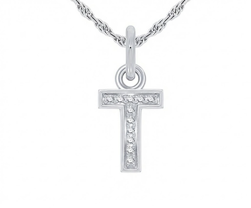 Silver Diamond Block “T” Initial Pendant – 1/20 CTW