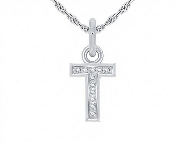 Silver Diamond Block “T” Initial Pendant – 1/20 CTW