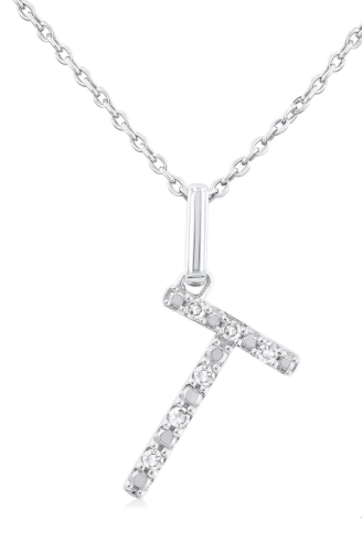 Silver Block 'T' Initial Diamond Pendant