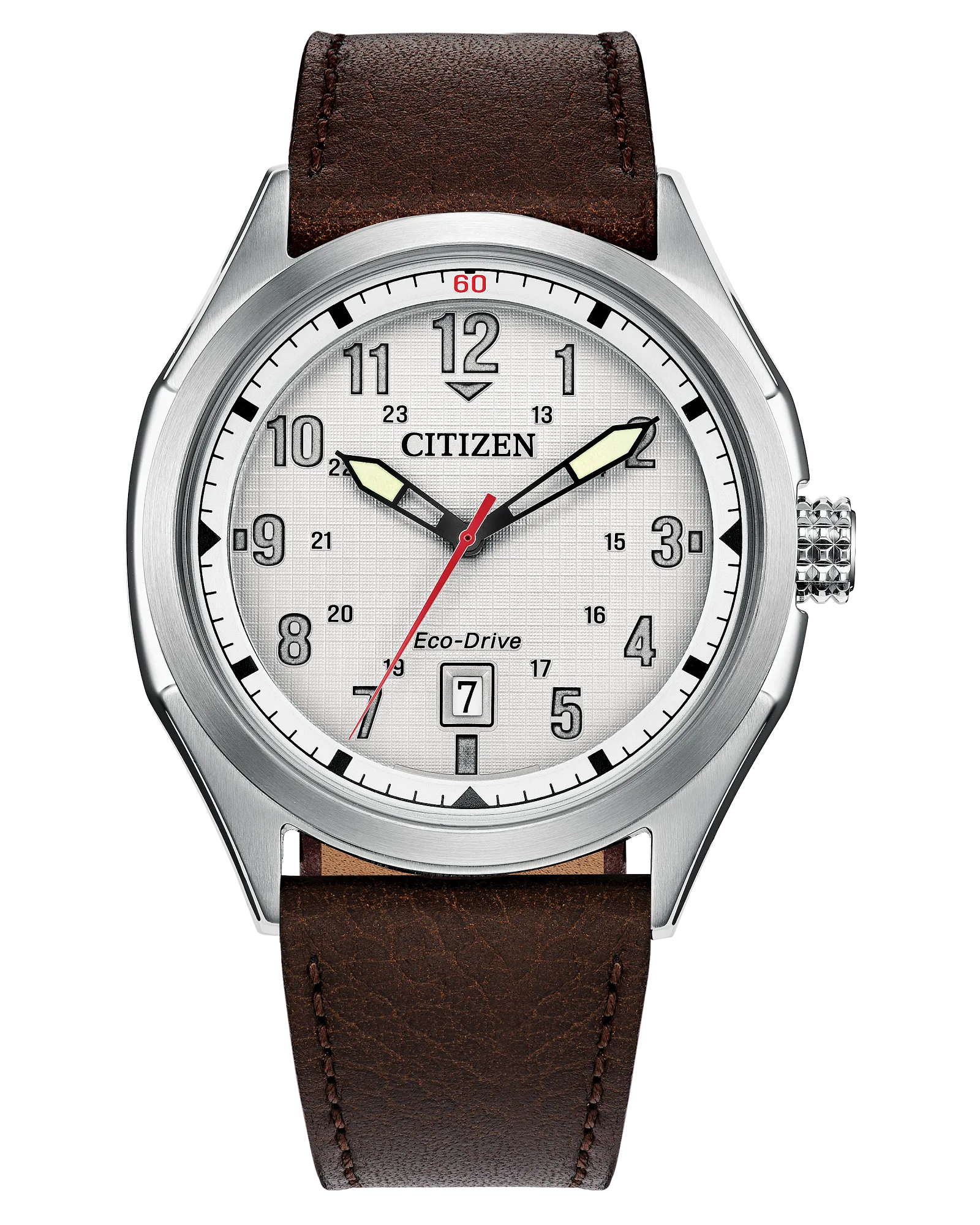 Citizen Terra Force | Eco-Drive Men’s Watch | Stainless Steel | Silver Dial | Leather Strap | WR100 Field Style - Brownee Jewelers