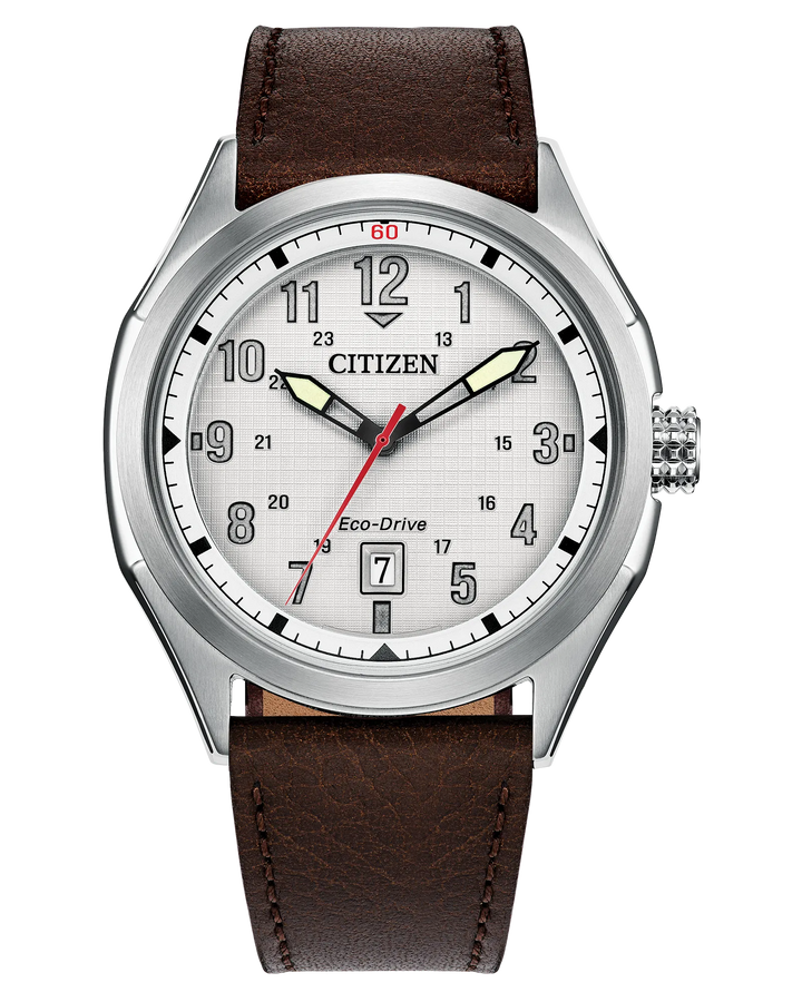 Terra Force | Citizen Eco-Drive Men’s Watch | Stainless Steel | Silver Dial | Leather Strap | WR100 Field Style - Brownee Jewelers