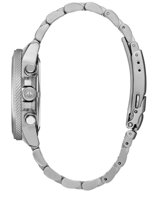 This Stainless Steel Nighthawk Chronograph features a 200 meter water resistance and tachymeter scale.