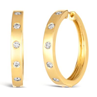 Bezel-Set Diamond Hoop Earrings | 14K Yellow Gold | Round Diamonds | Hinged Hoops - Brownee Jewelers