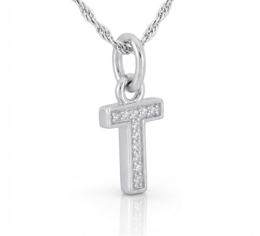 Silver Diamond Block “T” Initial Pendant – 1/20 CTW