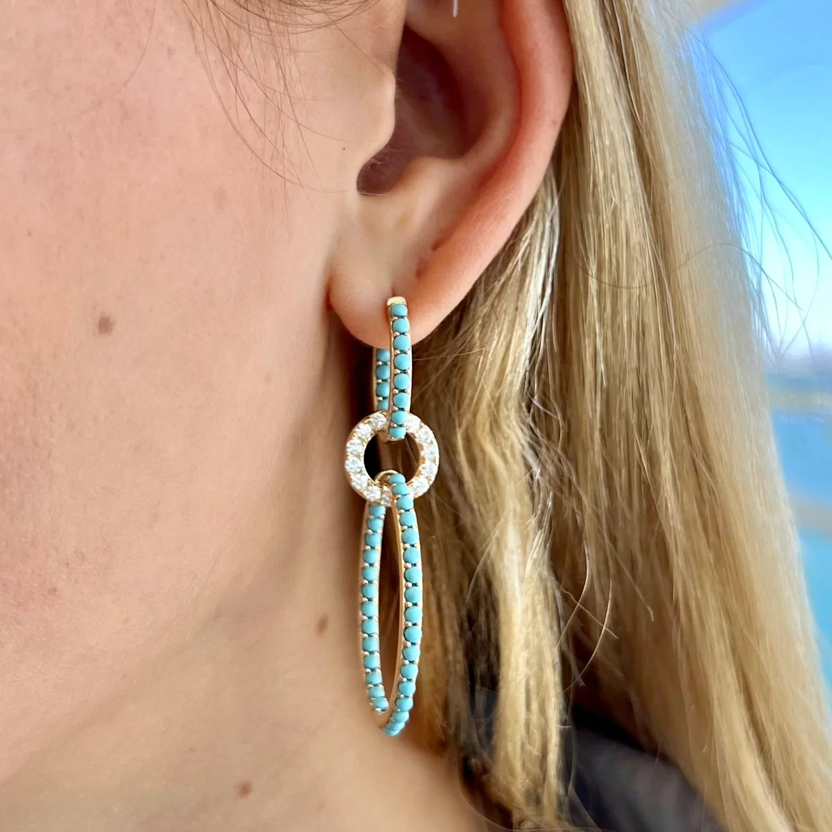 Turquoise & Diamond Oval Link Dangle Earrings | 14K Yellow Gold | Earrings | 3.17 CT Turquoise | 0.78 CT Diamonds | Pavé In & Out Oval Links - Brownee Jewelers