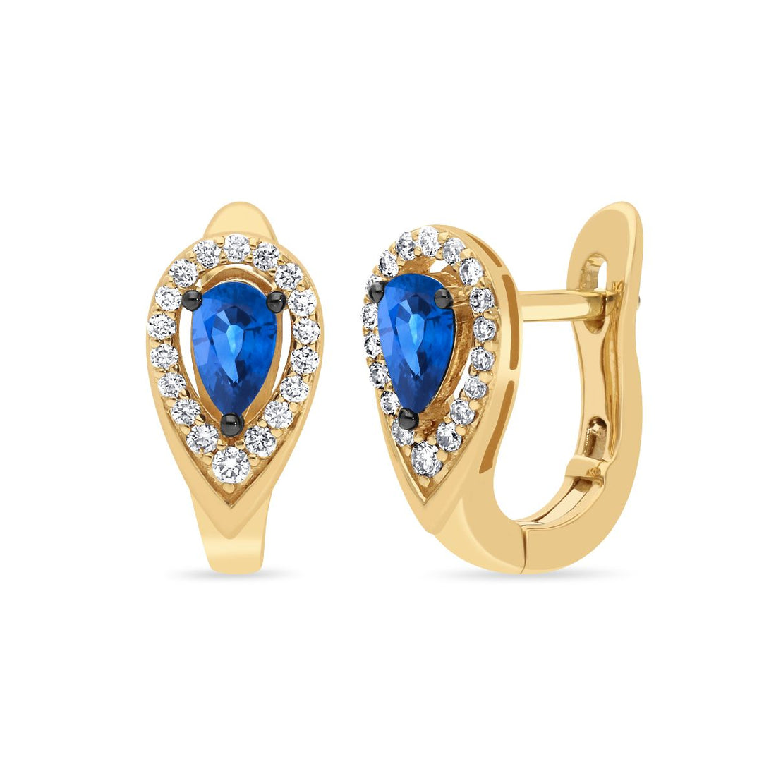 .45 TOTAL CARAT WEIGHT BLUE SAPPHIRE AND .17 TOTAL CARAT WEIGHT DIAMOND HALO HUGGIE EARRINGS IN 14K WHITE GOLD