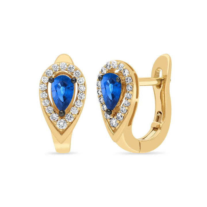 .45 TOTAL CARAT WEIGHT BLUE SAPPHIRE AND .17 TOTAL CARAT WEIGHT DIAMOND HALO HUGGIE EARRINGS IN 14K WHITE GOLD