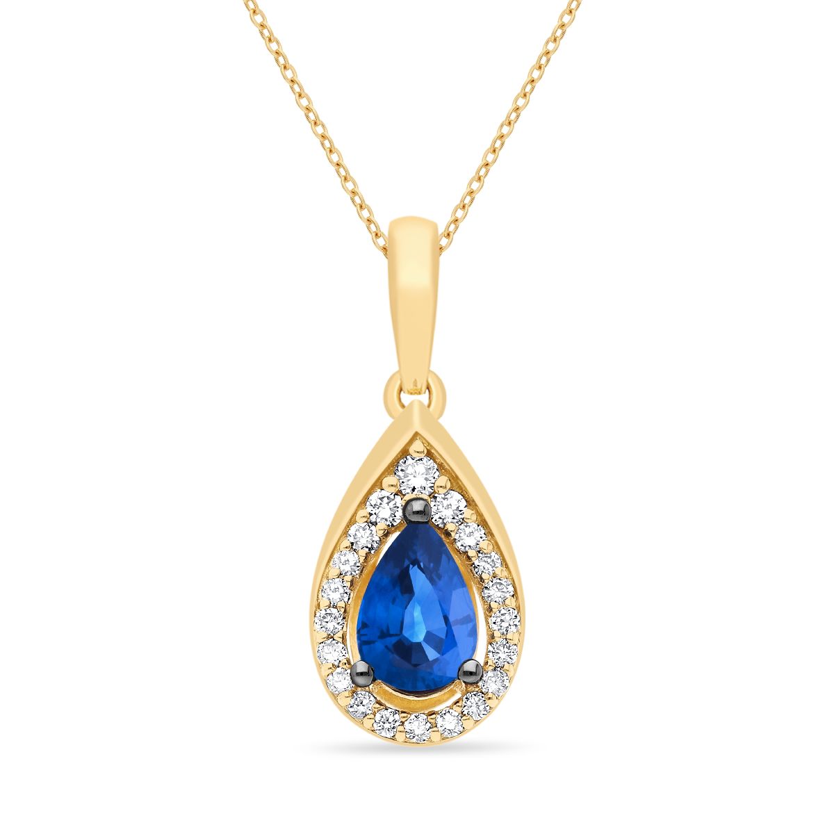 .45 TOTAL CARAT WEIGHT PEAR SHAPED BLUE SAPPHIRE & .11 TOTAL CARAT WEIGHT ROUND DIAMOND HALO PENDANT IN 14K YELLOW GOLD
