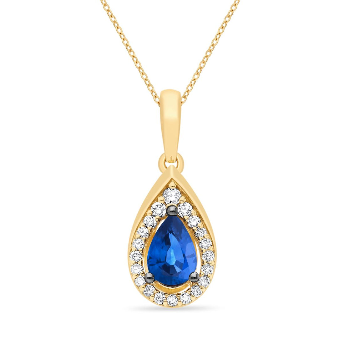 .45 TOTAL CARAT WEIGHT PEAR SHAPED BLUE SAPPHIRE & .11 TOTAL CARAT WEIGHT ROUND DIAMOND HALO PENDANT IN 14K YELLOW GOLD