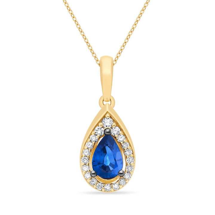 .45 TOTAL CARAT WEIGHT PEAR SHAPED BLUE SAPPHIRE & .11 TOTAL CARAT WEIGHT ROUND DIAMOND HALO PENDANT IN 14K YELLOW GOLD