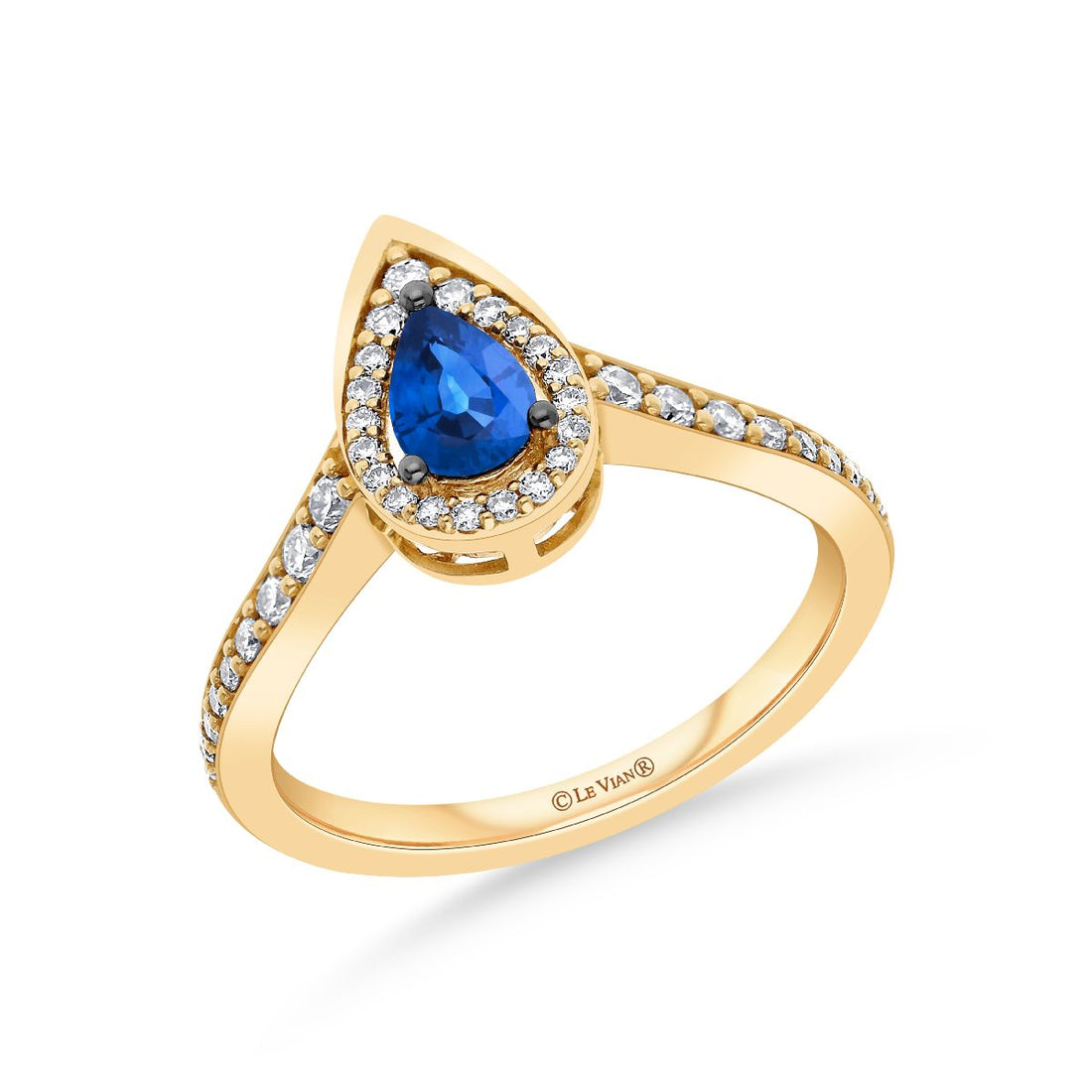 .41 TOTAL CARAT WEIGHT PEAR SHAPED BLUE SAPPHIRE AND .28 TOTAL CARAT WEIGHT ROUND DIAMOND HALO RING IN 14K YELLOW GOLD
