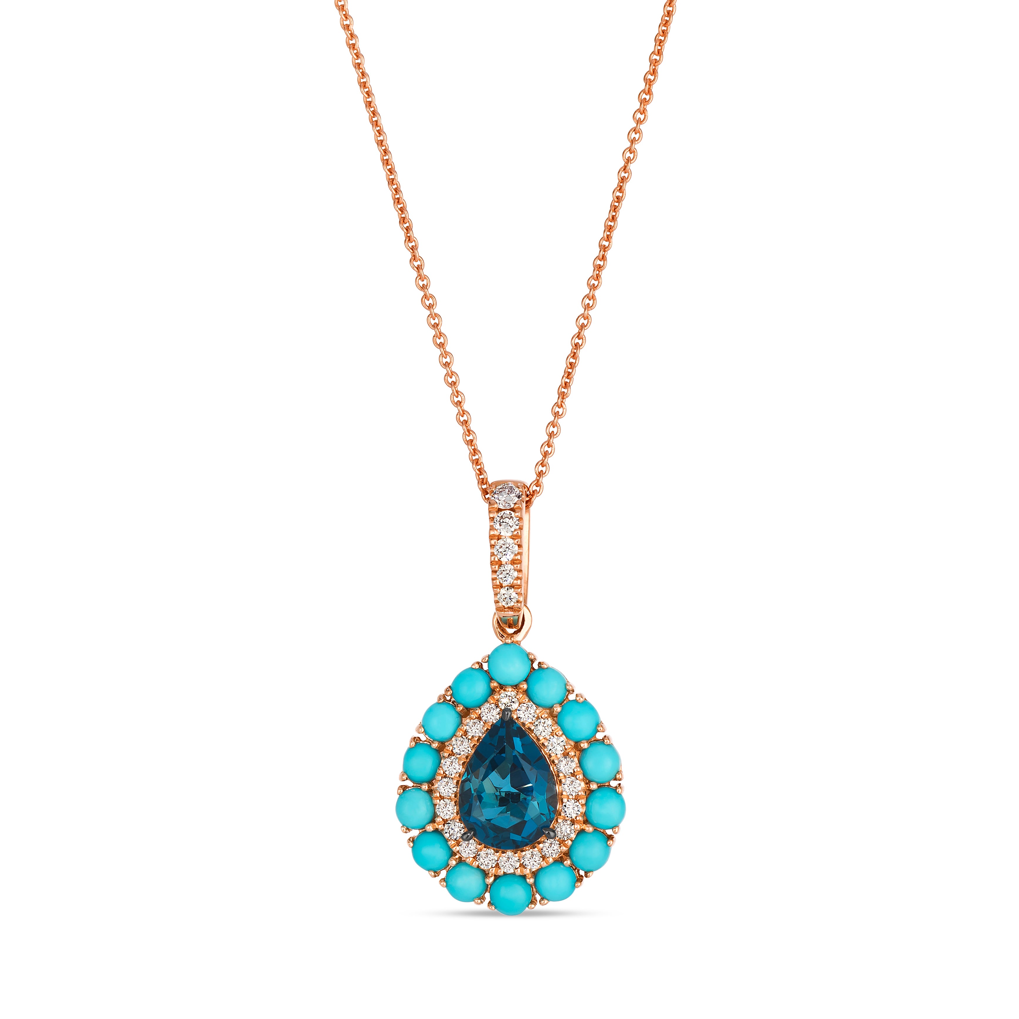 1 CARAT PEAR SHAPED DEEP BLUE TOPAZ PENDANT WITH .22 TOTAL CARAT WEIGHT ROUND DIAMOND AND .98 TOTAL CARAT WEIGHT ROUND TURQUOISE HALOS IN 14K ROSE GOLD