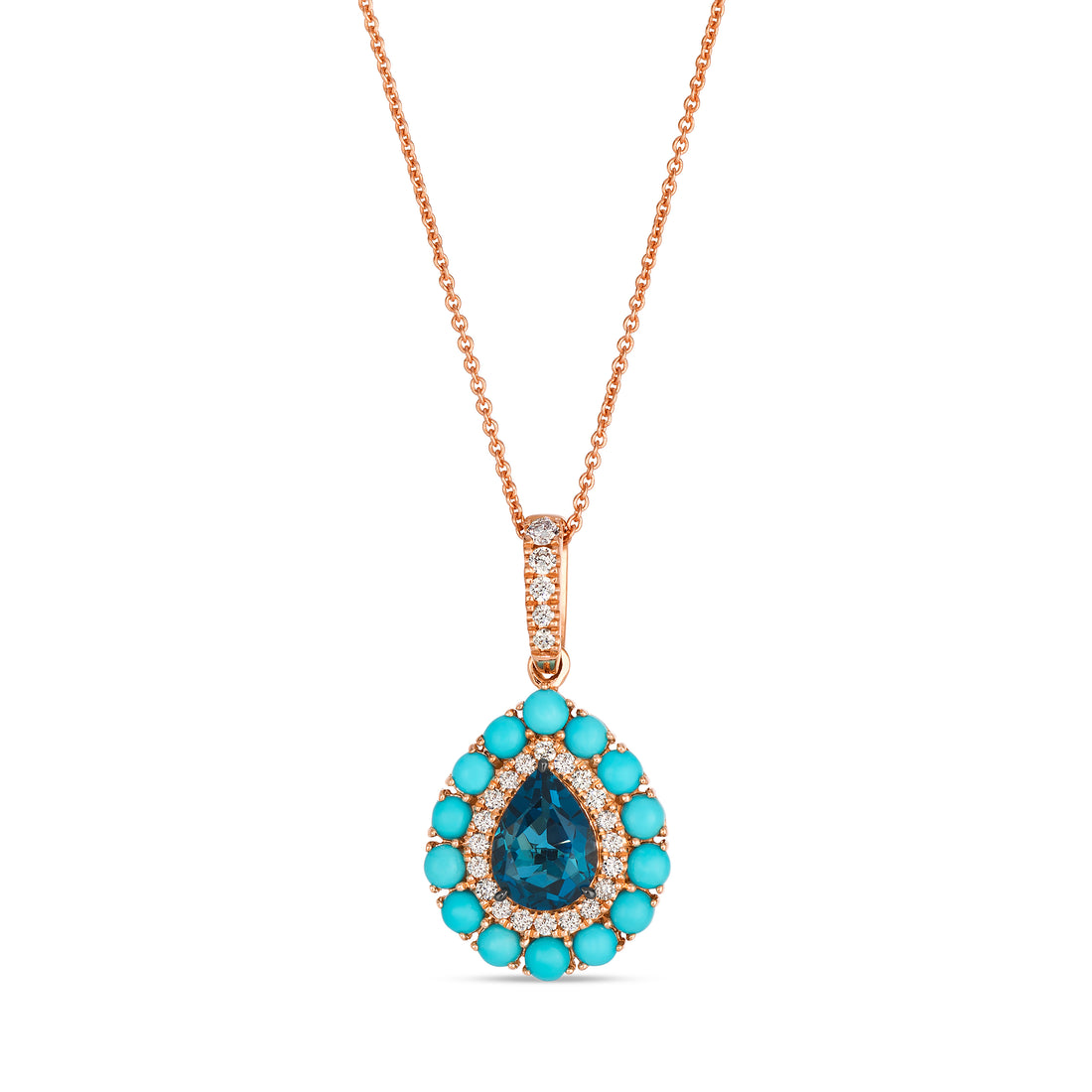 1 CARAT PEAR SHAPED DEEP BLUE TOPAZ PENDANT WITH .22 TOTAL CARAT WEIGHT ROUND DIAMOND AND .98 TOTAL CARAT WEIGHT ROUND TURQUOISE HALOS IN 14K ROSE GOLD