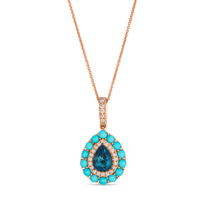 1 CARAT PEAR SHAPED DEEP BLUE TOPAZ PENDANT WITH .22 TOTAL CARAT WEIGHT ROUND DIAMOND AND .98 TOTAL CARAT WEIGHT ROUND TURQUOISE HALOS IN 14K ROSE GOLD