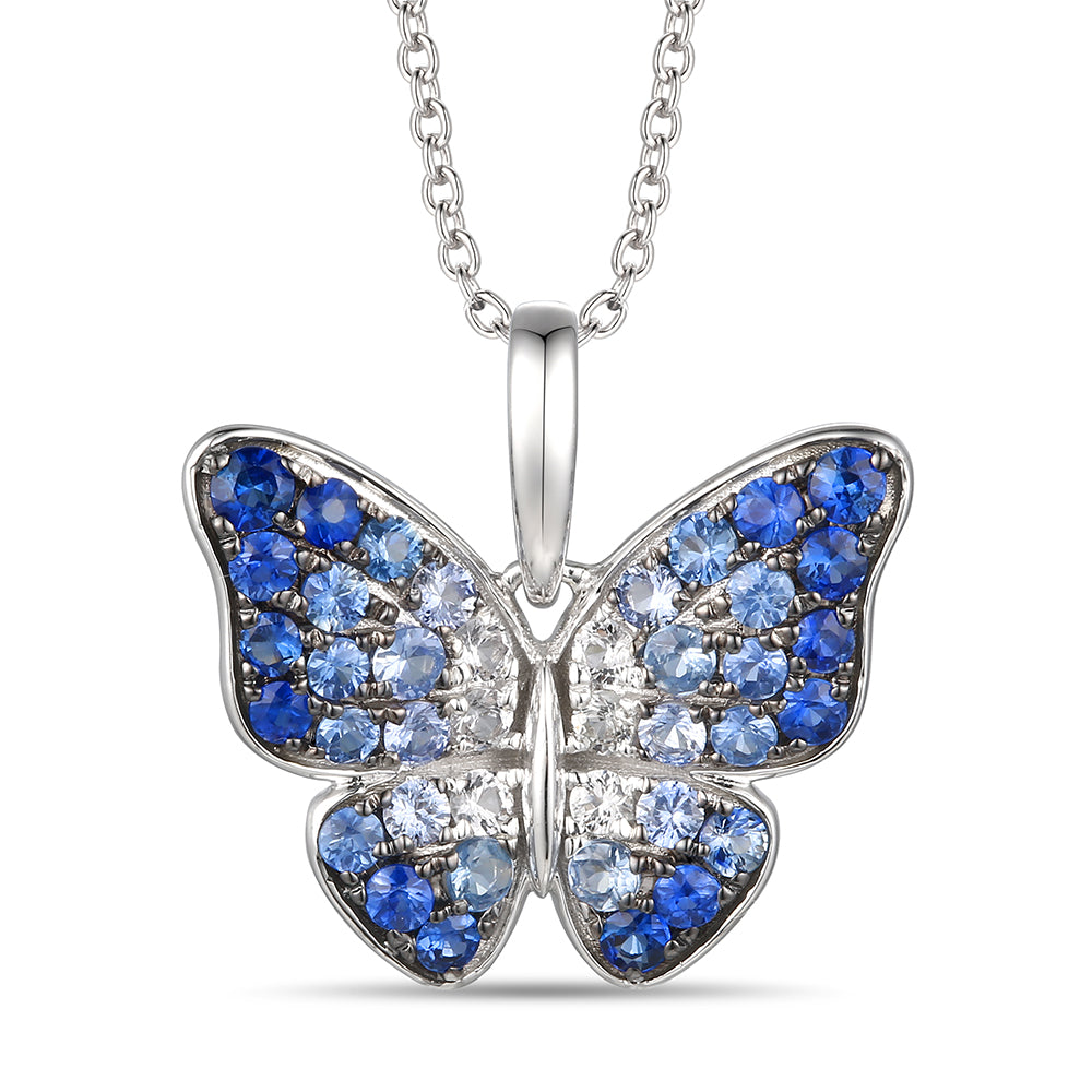 .96 TOTAL CARAT WEIGHT ROUND DENIM BLUE SAPPHIRE OMBRE BUTTERFLY-SHAPED PENDANT IN 14K WHITE GOLD