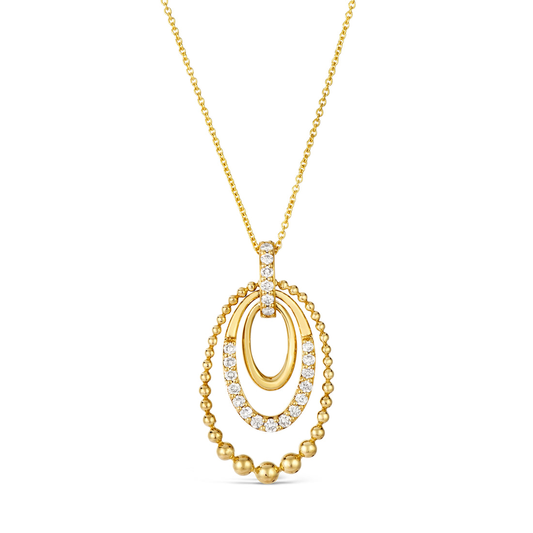 .30 TOTAL CARAT WEIGHT ROUND DIAMOND BEADED 3 OVAL SHAPE PENDANT IN 14K YELLOW GOLD 