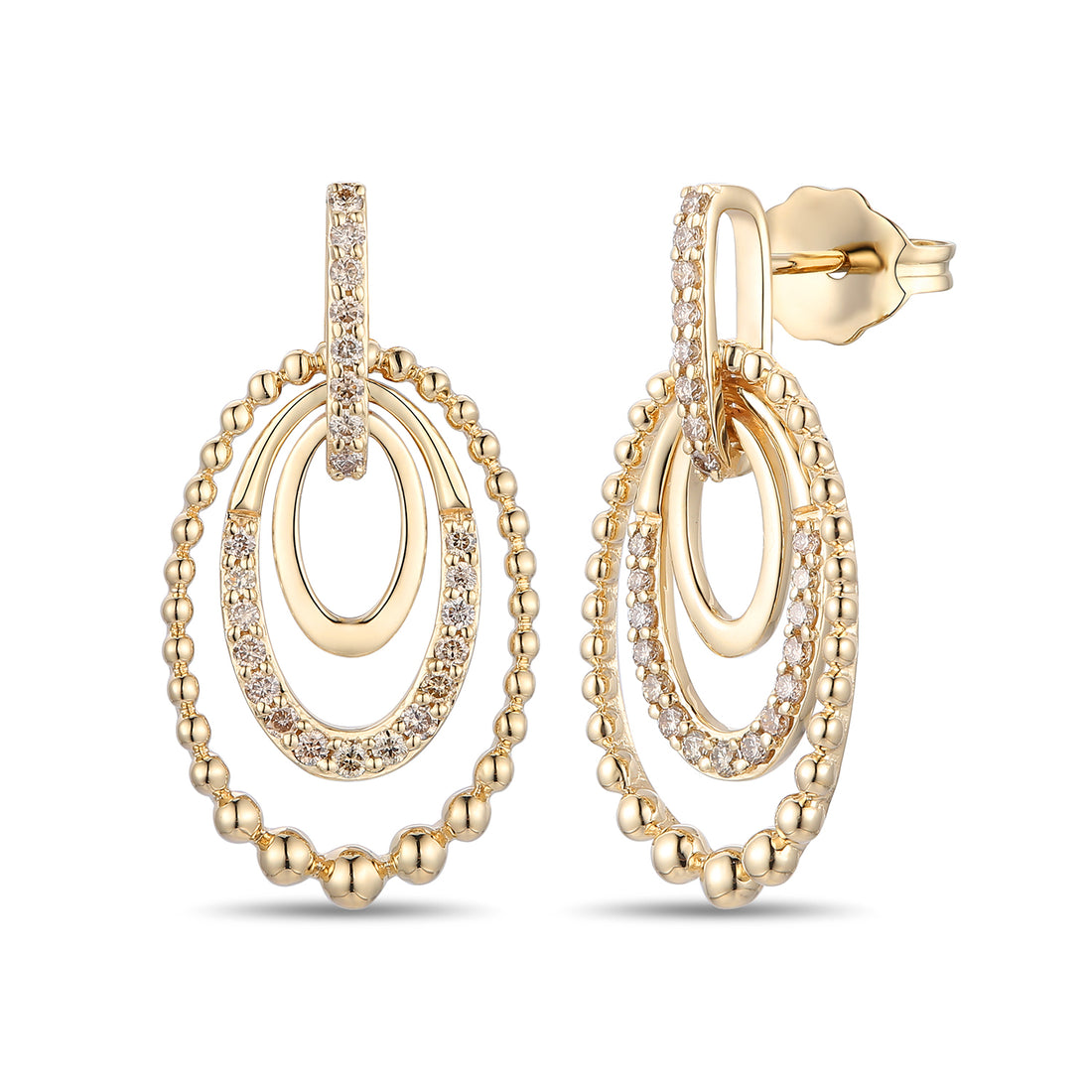 .26 TOTAL CARAT WEIGHT ROUND DIAMOND BEADED 3 OVAL SHAPE DROP EARRINGS IN 14K YELLOW GOLD