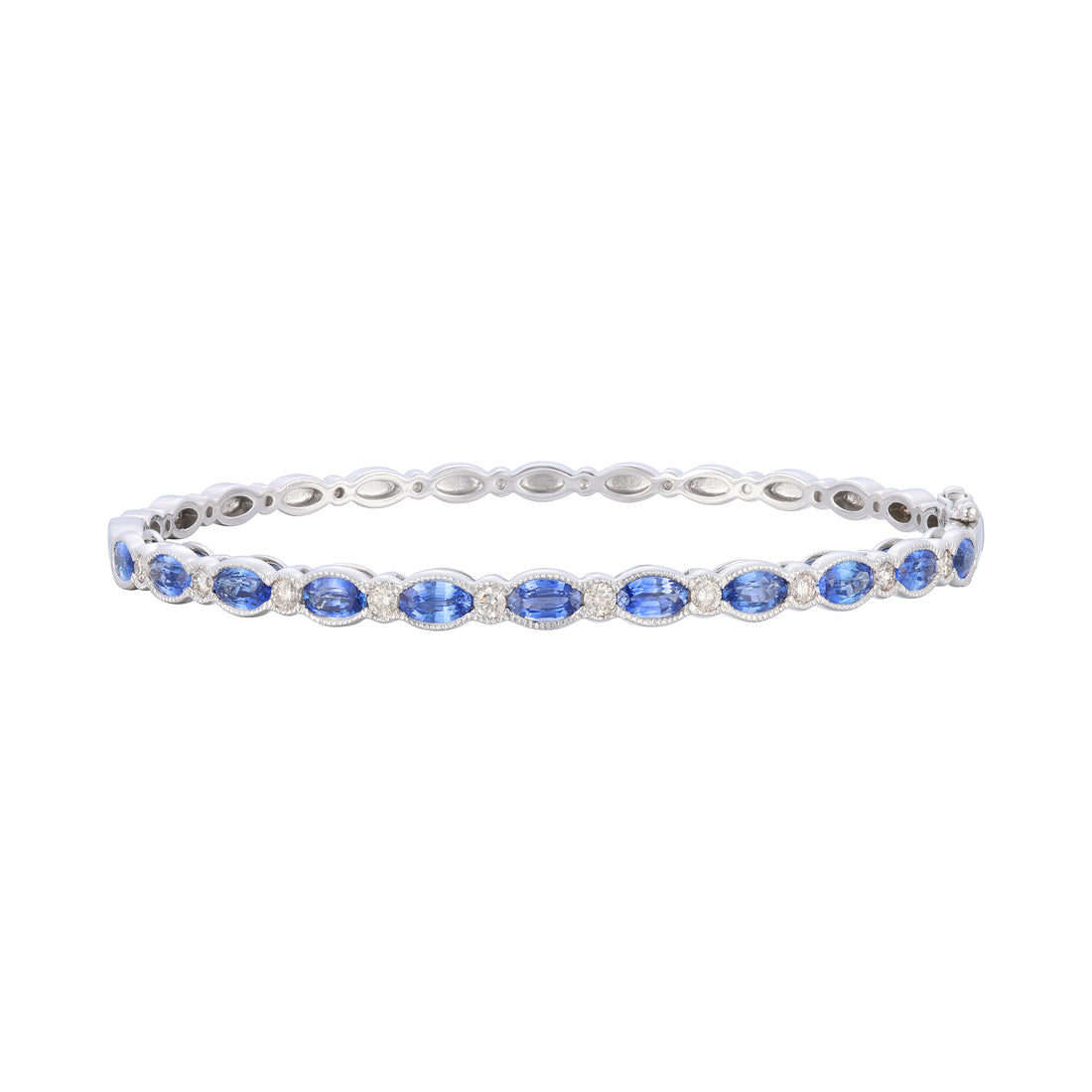 2.97 TOTAL CARAT WEIGHT OVAL SHAPED BLUE SAPPHIRE AND .40 TOTAL CARAT ROUND DIAMOND BEZEL BANGLE IN 14K WHITE GOLD