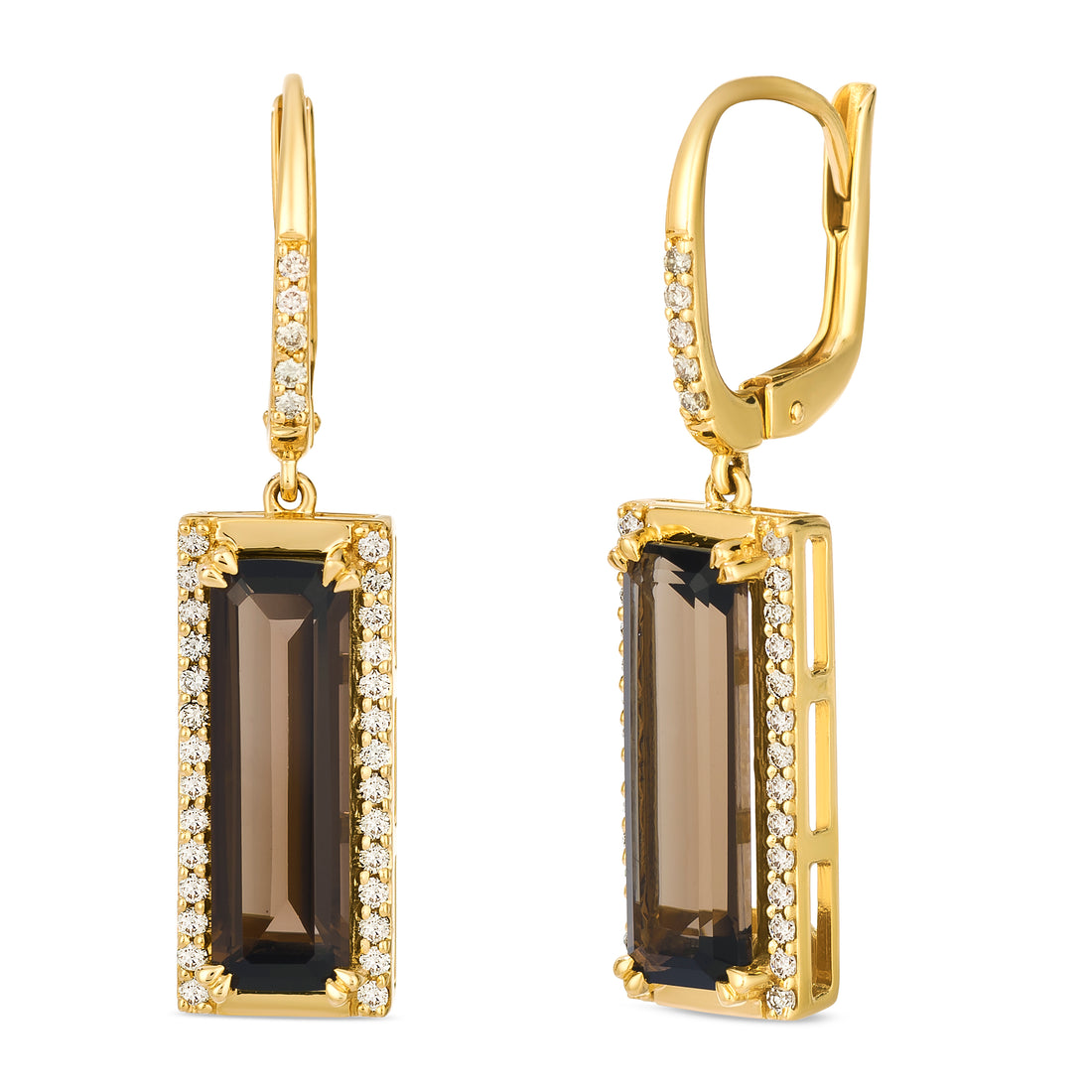4.6 TOTAL CARAT WEIGHT EMERALD CUT CHOCOLATE QUARTZ AND .38 TOTAL CARAT WEIGHT ROUND DIAMOND SIDES DROP EARRINGS IN 14K YELLOW GOLD