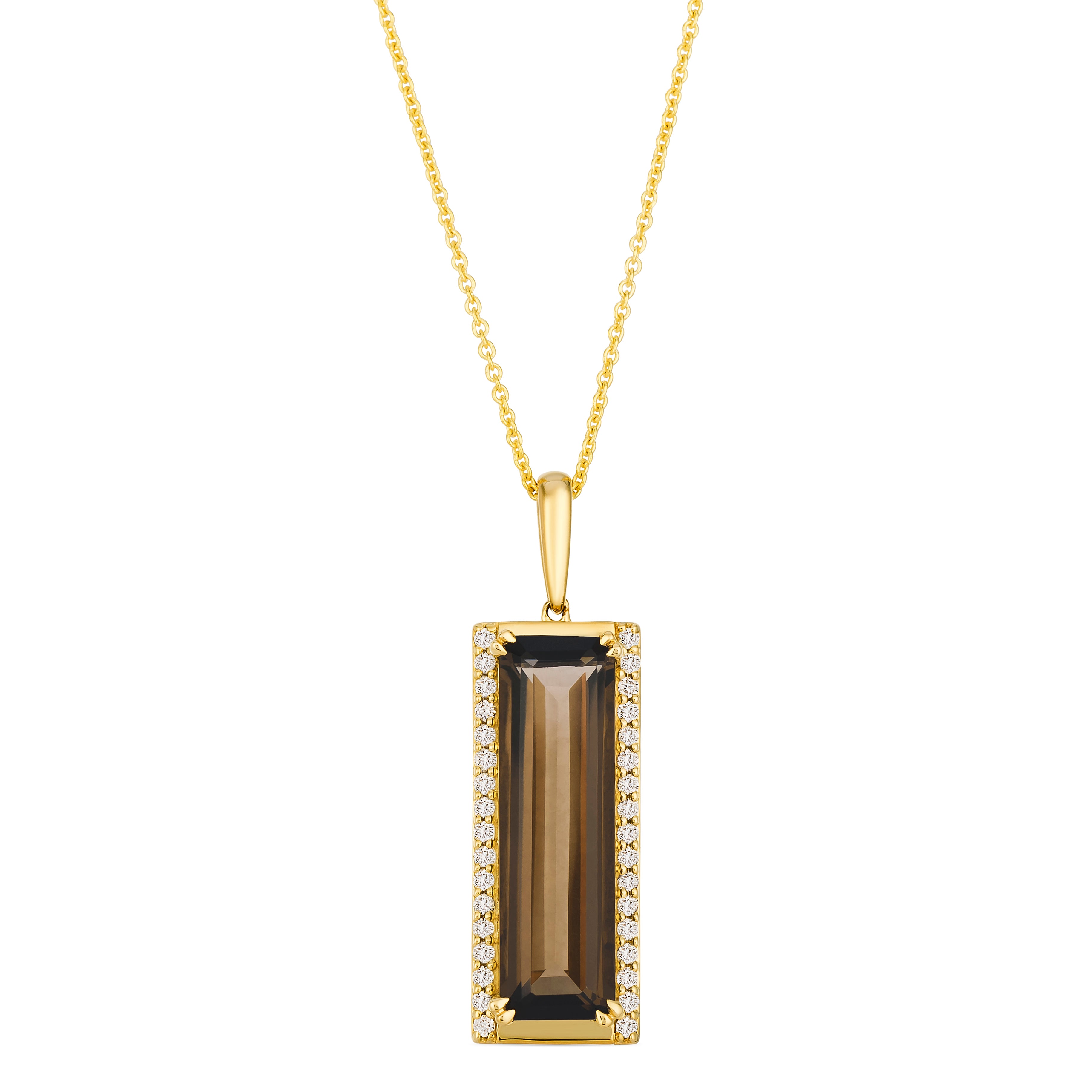 4.25 TOTAL CARAT WEIGHT EMERLD CUT CHOCOLATE QUARTZ AND .20 TOTAL CARAT WEIGHT ROUND SIDE DIAMONDS PENDANT IN 14K YELLOW GOLD