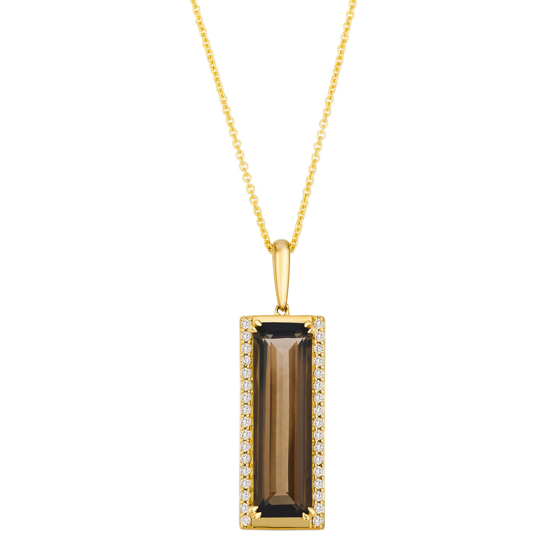 4.25 TOTAL CARAT WEIGHT EMERLD CUT CHOCOLATE QUARTZ AND .20 TOTAL CARAT WEIGHT ROUND SIDE DIAMONDS PENDANT IN 14K YELLOW GOLD