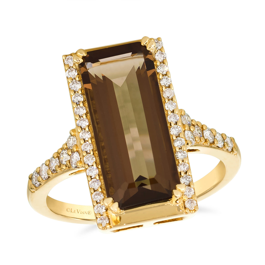 4.25 TOTAL CARAT WEIGHT EMERALD CUT CHOCOLATE QUARTZ WITH .36 TOTAL CARAT WEIGHT ROUND SIDE DIAMONDS RING IN 14K YELLOW GOLD